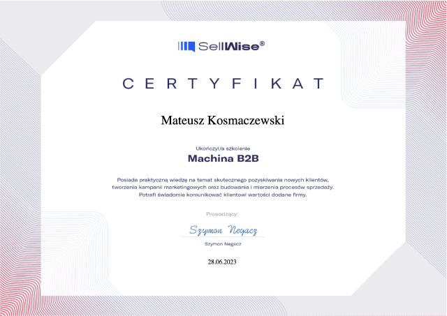 Machina B2B Certyfikat Matt Kosmaczewski